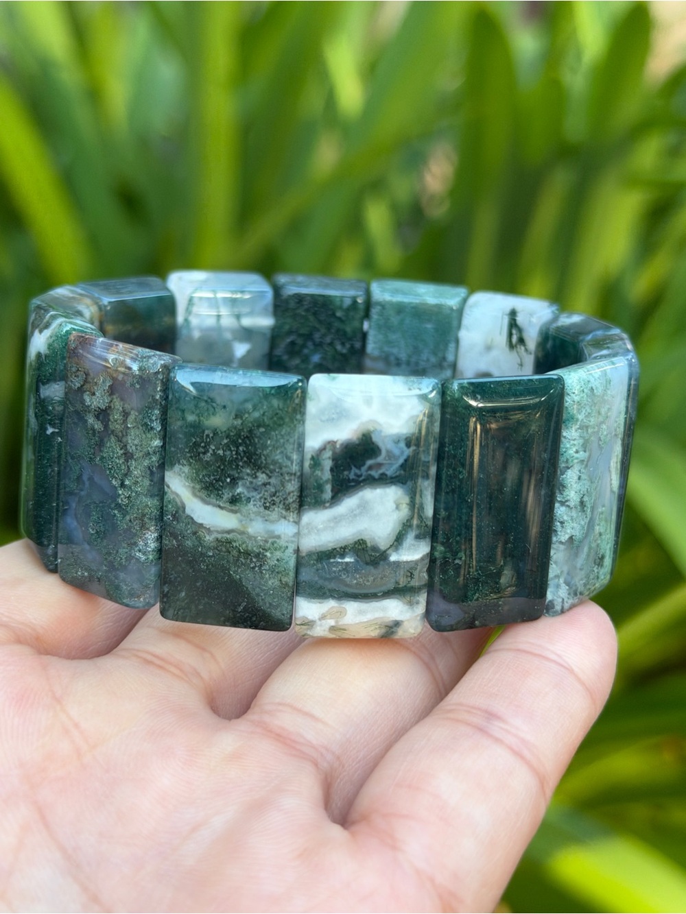 Strechable‎ chunky wide Moss Agate soft bangle 1528